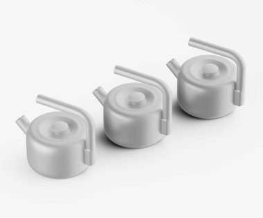 Düz beyaz arkaplanda üç küçük, açık gri çaydanlık sergilenir. Tencerelerin yuvarlak bir şekli ve basit, kıvrımlı sapları var. Pürüzsüz, mat bir maddeden yapılmış gibi görünüyorlar. Sahne stüdyo çekimi, ışık bile yok.