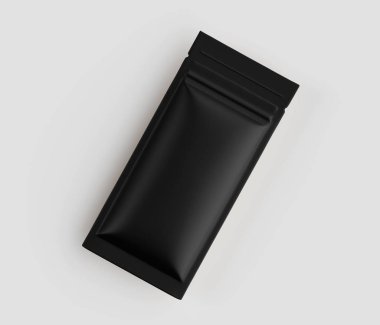 Yüksek açılı, siyah, dikdörtgen, mühürlü bir çanta. Kese parlak, mat bir maddeden yapılmış gibi görünüyor. Işık, keseye ya da yüzeye belirgin bir gölge bırakmıyor. Arkaplan düz, nötr bir renktir, bir cl sağlar.