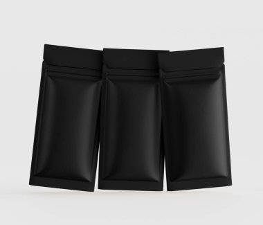 Aynı siyah, dikdörtgen, yeniden mühürlenebilir üç yemek kesesi tarafsız bir arkaplanda sergileniyor. Keseler pürüzsüz, mat bir malzemeden yapılmış gibi görünüyor ve yatay sırada dizilmiş. Aydınlatma eşit ve tekdüze, oyuncu yok.