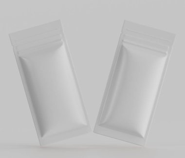 İki şeffaf, beyaz ambalaj kesesi tarafsız, açık gri arka plana karşı tasvir edilir. Keseler dikdörtgen şeklinde ve beyaz bir iç yüzeyi olan temiz bir plastik maddeden yapılmış gibi görünüyor. Tarzı modern, minimali gibi.