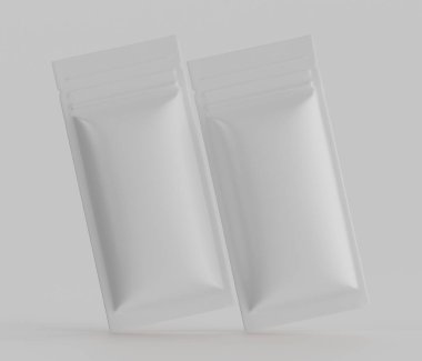 Açık gri arka planda aynı, boş, şeffaf yiyecek paketleme torbaları açık gri bir zeminde yüzen bir konuma yerleştiriliyor. Keseler pürüzsüz görünüyor ve esnek bir malzemeden yapılmış gibi görünüyor. Modern ve temiz bir stili var.