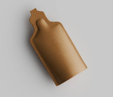 Bu görüntüde tek bir kahverengi kese var. Tarafsız bir arkaplan üzerine kurulmuş bir ürün kutusu gibi görünüyor. Kesenin kendine özgü bir şekli, yuvarlak bir üst ve daha ince bir alt kısmı vardır. Işıklandırma eşleşmenin pürüzsüz dokusunu vurgular