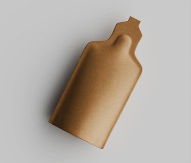 Bu resim benzersiz, soyut bir şekle sahip üç boyutlu bir nesneyi gösteriyor. Nesne sıcak, bronzlaşmış bir renk ve pürüzsüz, mat bir doku sunuyor. Kompozisyon, dağınık ışıklandırmayla yakın çekim, üstten çekim. Genel stil minimalisttir,