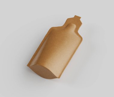 Bu görüntü tarafsız bir arkaplan karşısında tek ve izole bir nesne sunuyor. Denek bronz renkli bir kese, muhtemelen ambalaj sıvısı ya da yarı sıvı maddeler için. Tasarımı yuvarlak kenarlara ve benzersiz bir üst kısma sahiptir. Genel görünüm