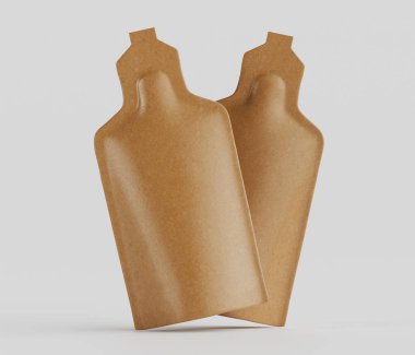 Ayakta duran iki kese, doğal ya da organik bir ürünü işaret eden sıcak kahverengi bir tona sahiptir. Tasarım basit ve modern, muhtemelen eko-arkadaşlığı ya da minimalist markalaşmayı ima ediyor. Kompozisyon temiz çizgiler sergiliyor, hafif ışıklandırma ile