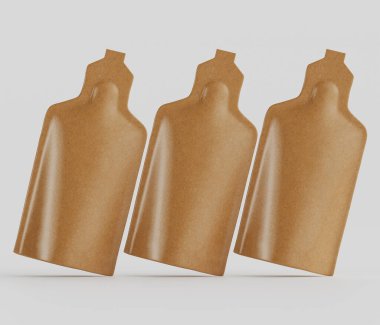 Bu resim, tarafsız bir arkaplanda kahverengi keseye benzeyen üç nesne gösteriyor. Ürünler mühürlü kaplar gibi görünüyor, muhtemelen sıvılar ya da küçük yiyecek parçaları için tasarlanmış. Tarzı temiz ve modern, pürüzsüz dokuları ve hatta yumuşak.