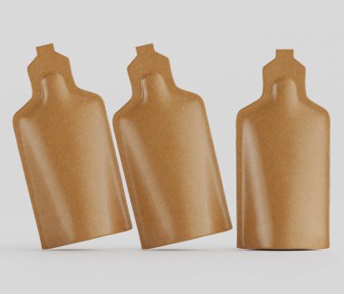 Bir gıda veya kozmetik ürün olması muhtemel üç açık kahverengi, esnek kese bir ürün tasarımı modelinde sunulmaktadır. Keseler çapraz yönelimli, dinamik ve üç boyutlu bir his veriyor. Kumaş pürüzsüz, kağıt gibi görünüyor.