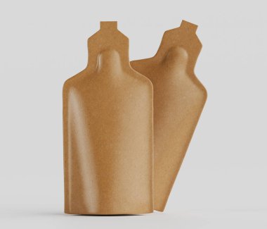 Açık gri arka planda iki açık kahverengi esnek kese gösteriliyor. Keseler pürüzsüz, esnek bir malzemeden yapılmış gibi görünüyor ve biraz dar bir kapağı olan kendine özgü şişe benzeri bir şekli var. Kompozisyon basit ve ışıklandırma...