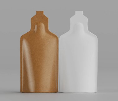 İki boş, pürüzsüz, kese tarzı konteynır tarafsız bir gri zemine karşı sergileniyor. Konteynırlar şekil olarak benzer, fakat farklı renkler içerirler; biri sıcak, altın rengi kahverengi, diğeri ise parlak beyaz. Dokular pürüzsüz görünüyor.