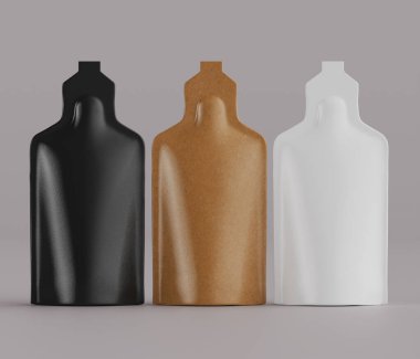 Tarafsız bir arkaplana karşı üç adet stilize şişe sunuluyor, her biri farklı bir katı renk gösteriyor. Gösterişli, modern bir tasarımın yer aldığı şişeler yüzeylerinden yansıyan hafif ışıkla dik duruyorlar. Kompozisyon bir Studi 'yi işaret ediyor.