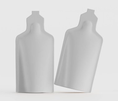 Açık gri, esnek kese şeklindeki iki konteynır stüdyo çekiminde sunuluyor. Keselerin pürüzsüz, hafif parlak bir yüzeyi ve küçük bir kapağı ya da kapağı olan şişe benzeri bir şekli var. Aydınlatma eşit ve parlak, dikkat çekici.