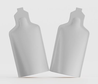 İki tarafsız renkli kese, basit ve tek bir arkaplanda tasvir edilir. Pürüzsüz, modern tasarım bunların sıvı veya jel için ambalaj olduğunu gösteriyor. Şekilleri üst kısım ve ana gövdeye sahiptir, ve dikişsiz dokusu bir cl hissi verir.