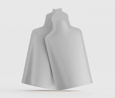 Bu resim, temiz ve nötr bir zemine karşı bir çift soyut, heykel biçimini sergiliyor. Nesneler, pürüzsüz yüzeyler ve tek renkli renk düzeniyle karakterize edilmiş minimalist bir tasarım sergiliyorlar. Kompozisyonda şekil ve gölge vurgulanıyor.