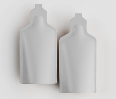İki stilize edilmiş, şişe şeklindeki nesne düz, açık renkli bir arkaplana karşı sunuluyor. Nesneler tek renkli, gri tonlu bir renk şemasına sahip, pürüzsüz, mat bir doku sergiliyor. Kompozisyonda basit, tepeden aydınlatma düzeneği gösteriliyor