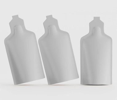 Üç stilize edilmiş, tek renkli nesne düz bir arkaplan üzerinde stüdyo tarzı bir kompozisyonda düzenlenir. Objeler ambalaj gibi görünüyor, muhtemelen sıvılar için, şişe şeklinde ve kendine özgü bir kapağı var. Işıklandırma yumuşak, aydınlatıcı. 