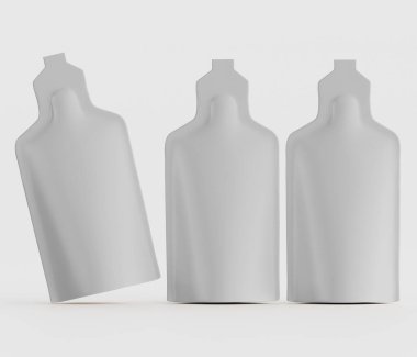 Bu resim, düz ve hafif bir arkaplana karşı dizilmiş üç özdeş, stilize konteynırı gösteriyor. Her konteynerin geniş, dikdörtgen bir gövdesi ve dar bir boynu olan şişe benzeri bir şekli var. Konteynırların yumuşak, nötr bir renk paleti var.