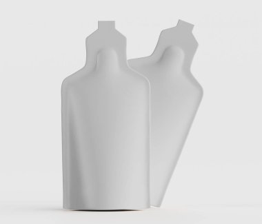 Düz beyaz arka planda iki açık gri esnek kese gösteriliyor. Keseler küçük şişeler şeklinde ve pürüzsüz yüzeyleri pürüzsüz. Işık ve ışıklandırma bir stüdyo ya da kontrollü bir ortam olduğunu gösteriyor. Keseliler maymunu