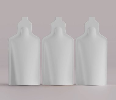 Yumuşak bir arka planda üç özdeş kese bir sırada dizilir. Kese pürüzsüz, beyaz yüzeylerle kaplı. Temiz ve modern bir estetik olduğunu gösteriyor. İnce gölgeler ve gölgeler şekilleri belirler, bir volum hissi yaratır.