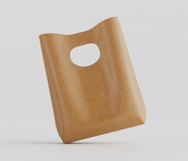 Açık bej ya da ten rengi bir alışveriş çantası havada yüzer. Basit, dikdörtgen şekli, yuvarlak bir kesme kabzasıyla vurgulanır. Torba, pürüzlü bir yüzeyi olan dokulu bir maddeden yapılmış gibi görünüyor. Aydınlatma eşit ve nötr, aydınlatma