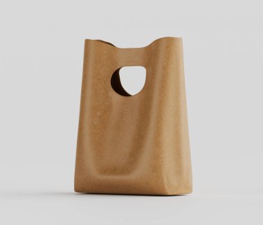 Benzersiz, yontulmuş bir tasarıma sahip açık bej bir çanta, düz gri bir arkaplanda sunuluyor. Torbanın şekli yumuşakça biçimlendirilmiş, benzersiz bir görsel cazibe sağlıyor. Doğal ışık, derinin ince dokusunu vurgular. Çanta!