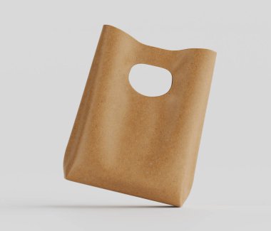 Açık kahverengimsi kağıt bir alışveriş çantasının yukarıdaki stüdyo resmi. Çantanın tek sapı ve küçük bir kesiği olan basit bir tasarımı var. Çanta köşegen bir açıyla konumlandırılmış, görüntüye dinamik bir his veriyor. Tarafsız zemin...