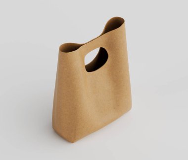 Açık bej bir çantanın yakın çekim görüntüsü. Çantanın basit ve modern bir tasarımı var. Çanta pürüzsüz, açık bej bir maddeden yapılmış gibi görünüyor. Çantanın eşsiz, kesme kolu var. Görüntü iyi aydınlatılmış, parlak ve nötr bir zemin oluşturuyor. Kışt!