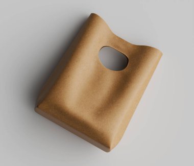 Basit, açık bej bir çanta stüdyo ortamında sunuluyor. Poşetin aerodinamik bir tasarımı ve üzerinde görsel ilgi ekleyen eşsiz dairesel bir kesiti var. Işıklandırma düz ve nötr, derinin dokusunu vurguluyor. Şey...