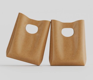 Tarafsız bir zeminde iki açık bej alışveriş torbası yan yana sergilenir. Çantaların kesme saplı basit dikdörtgen şekilleri var. Çantalar pürüzsüz, açık kahverengi bir maddeden yapılmış gibi görünüyor. Işıklar eşit ve parlak, kreat.