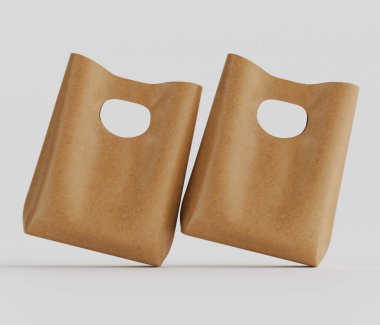 Açık kahverengimsi, kahverengi kağıt torbaların dörtte üçü açık gri arka planda gösteriliyor. Çantalar basit, yuvarlak şekilli ve hafif gibi görünüyor. Çantalar hafif bir açıyla yerleştirilmiş, kullanılmaya hazır olduklarını gösteriyor.