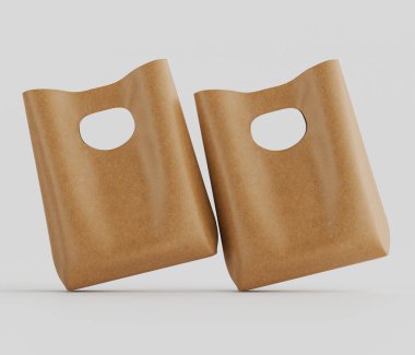 İki açık kahverengi kağıt alışveriş torbası açık gri arka planda sergileniyor. Poşetler hafifçe yukarı doğru açılıdır, havada süzülme ya da yükselme izlenimi verir, ve basit yuvarlak şekilleri vardır, küçük, dairesel sapları vardır. Th