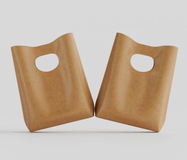 Açık bej renkli iki kese kağıdı basit ve temiz bir dizaynla sunuluyor. Çantalar, boş bir alanda yüzüyor ya da asılı gibi görünen nötr gri bir ortamda tasvir ediliyor. Dokuları ve biçimleri açıkça görülüyor. Çantalar çok basit.