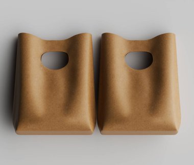 Tarafsız bir arkaplanda birbirine tıpatıp benzeyen iki açık kahverengi kese kağıdı sergileniyor. Çantalar basit, hafif kıvrımlı bir şekle sahip ve her iki tarafında dairesel bir kesme özelliği var. Poşetler pürüzsüz ve dokulu bir kağıttan yapılmış gibi görünüyor.