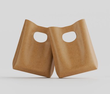 Bir stüdyo ortamında iki açık bej, kağıt gibi alışveriş torbası sunulur. Torbaların çağdaş, kıvrımlı ve hafif şişmiş bir şekli var. Her poşet için iki tane kesik sapı var. Çantalar, tarafsız ve yumuşak bir maddeden yapılmış gibi görünüyor.