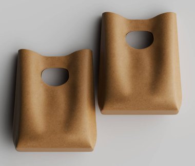 İki tane açık bej renkli, kağıt benzeri çanta yukarıdaki stüdyoda, tarafsız bir arkaplanda sergileniyor. Çantalar yuvarlak dikdörtgen şekilli basit bir tasarıma ve üst kısımda ayırt edici bir kesiğe sahip. M 'nin dokulu görüntüsü.