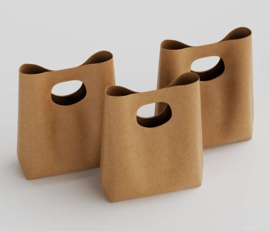 Hafifçe sendeleyen üç açık kahverengi kağıt torba nötr bir arkaplanda sergileniyor. Çantalar benzersiz, kıvrımlı sapları ve kesik şekilleriyle modern görünüyor. Dokuları pürüzsüz, dokumasız bir materyal olduğunu gösteriyor. Çantalar...