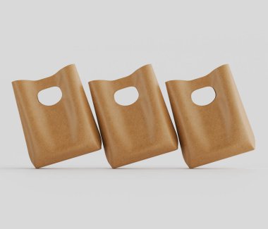 Üç açık bej kağıt alışveriş torbası modern, minimalist bir tarzda düzenlenmiştir. Çantalar hafif, tarafsız bir stüdyoda, açık gri bir arkaplan karşısında sunuluyor. Çantalar gerçekçi bir şekilde ince kırışıklıklar ve dokularla tasvir edilmiş. Çantalar. 