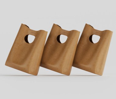 Tarafsız bir arkaplanda üç açık kahverengi kese kağıdı sergileniyor. Çantalar çapraz olarak yerleştirilmiş ve her çanta bir kesme kolu içeriyor. Poşetlerin düz bir yüzey dokusu var ve renkleri doğal ve geri dönüşümlü olduğunu gösteriyor.