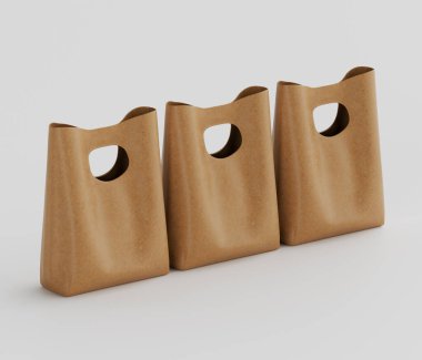 Üç açık bej ya da ten rengi alışveriş torbası, tarafsız beyaz arka planda yatay sırada dizilir. Poşetler pürüzsüz, muhtemelen deri benzeri ince bir dokuya sahip bir malzemeden yapılmış gibi görünüyor. Her torba basit ve açık bir dekoru var.