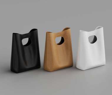 Stüdyo ortamında siyah, bronz ve beyaz renkli üç basit plastik torba, muhtemelen alışveriş torbası veya hediye paketi olarak kullanılacak şekilde gösteriliyor. Poşetlerde benzer bir tasarım var, kesme sapı var ve pürüzsüz, mat bir maddeden yapılmış gibi görünüyor.