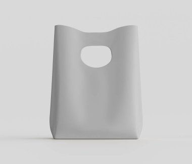Açık gri plastik bir alışveriş çantasının yakın çekim görüntüsü. Poşet basit ve pürüzsüz bir kapağı var. Kesme kolu var. Poşet sade, nötr bir arkaplan ile sunuluyor, bu da onu görüntünün odak noktası yapıyor. Işıklar... 