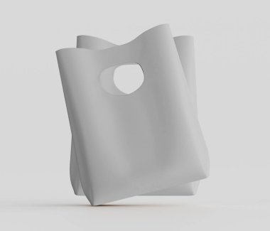 Üç boyutlu bir stüdyo resminde iki adet açık gri plastik alışveriş torbası tasvir ediliyor. Çantalar üst üste binen pozisyonlarda gösteriliyor. Bu da esnekliklerini ve hafifliklerini gösteriyor. Çantalar basit tasarlanmış ve sapında büyük bir delik var. Nötrleri
