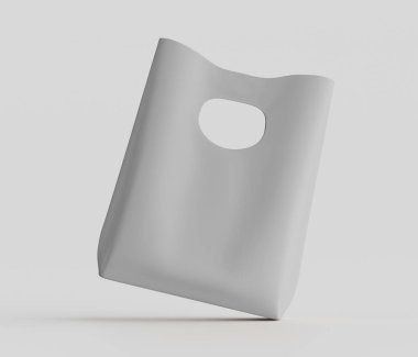 Açık gri bir plastik torba düz beyaz bir arka planda yüzer. Çantanın dairesel saplı basit bir tasarımı var ve hafif ve dayanıklı görünüyor. Işıklandırma yumuşak ve dengeli, torbaya izin veren nötr bir atmosfer yaratıyor