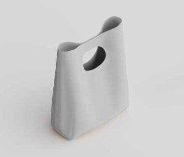 Açık gri bir çanta stüdyo ortamında sunuluyor. Poşette pürüzsüz ve esnek malzemelerle basit bir tasarım var. Çantanın üstünde eliptik bir kesit görülebilir. Genel stili minimalist ve modern. Yumuşak, hatta aydınlatma bile...