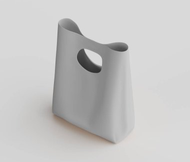 Açık gri renkli, modern bir çanta, stüdyo ortamında sunuluyor. Poşette eşsiz bir kavisli tasarım ve basit bir kesme kolu var. Yumuşak, nötr ışıklandırma maddeyi aydınlatır, pürüzsüz ve ince dokulu yüzeyini vurgular. Çanta çok yönlü görünüyor.