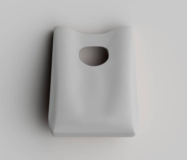 Düz, açık gri, dikdörtgen bir çanta veya kese yüksek açılı bir açıdan gösterilir. Çantanın basit ve temiz bir tasarımı var. Ortasında da bir delik var. Aydınlatma düz ve parlak, belirgin bir gölge yaratmıyor, pürüzsüz yüzeyi gösteriyor 