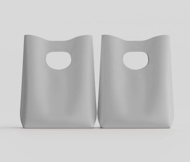 Bir stüdyo ortamında iki açık gri plastik torba sunulur. Çantalar aynı, basit ve açık gri renkte. Çantalar yan yana yerleştirilmiş ve pürüzsüz, hafif desenli bir yüzeyi var. Çantaların dairesel sapları var. Arka taraf.