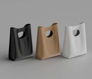 Tarafsız bir arkaplanda yatay sıraya dizilmiş üç basit alışveriş torbası. Poşetler mat şeklinde sunulur; siyah, bej ve beyaz. Her çantanın farklı bir tonu ve dokusu var. Çantalar farklı açılarda ve F şeklinde yerleştirilmiş.