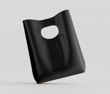 Siyah plastik bir çantanın stüdyo fotoğrafı. Çanta pürüzsüz ve basit, dairesel kesikli tek bir sapı var. Poşet hafif görünüyor ve parlak, nötr bir ortamda sunuluyor. Ürün özelliklerini sergilemek için mükemmel. Evet. 