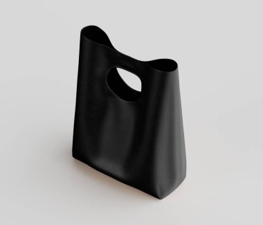 Görüntü düz bir arkaplanda siyah bir çanta gösteriyor. Poşet parlak, minimalist tasarımı ile karakterize edilir, belirgin bir sapı ve kıvrımlı bir üstü vardır. Işıklandırma yumuşak görünüyor, üç boyutlu gölgeleriyle 