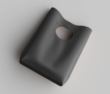 Yüksek açılı, koyu gri bir el çantası. Çanta basit ve modern, pürüzsüz bir malzemeden yapılmış, muhtemelen deri. Tek ve belirgin bir sapı var. Kesilmiş, minimalist bir estetik yaratıyor. Arkaplan nötr gri renktedir.